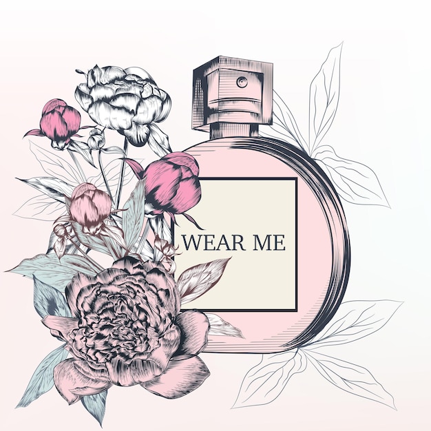 Illustration de mode avec bouteille de parfum et fleurs roses