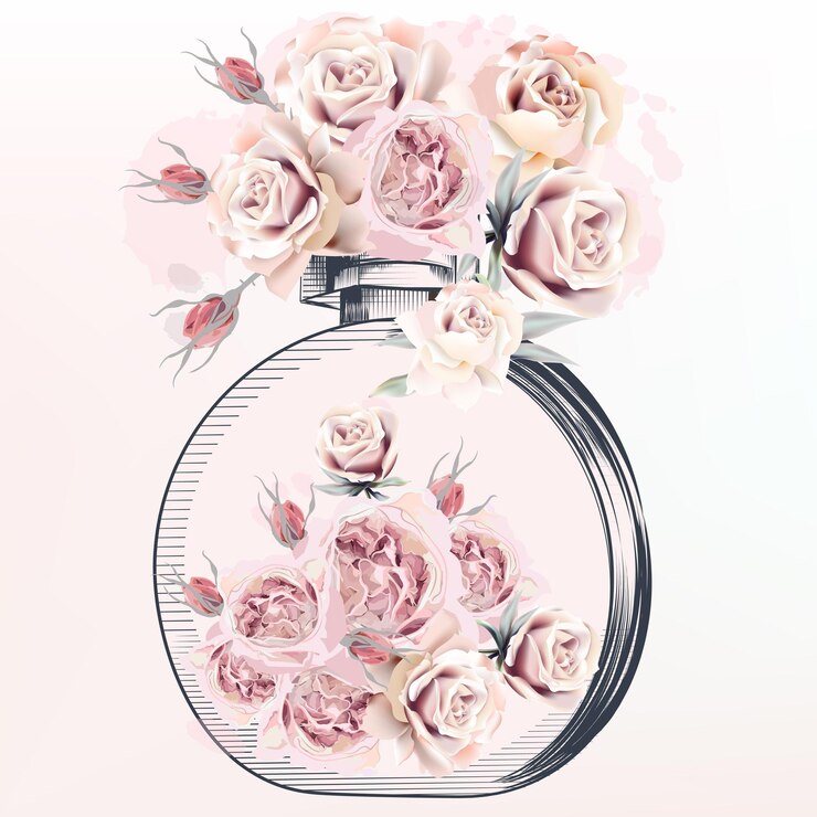 Vecteur illustration de mode avec des papillons de bouteille de parfum et des fleurs roses