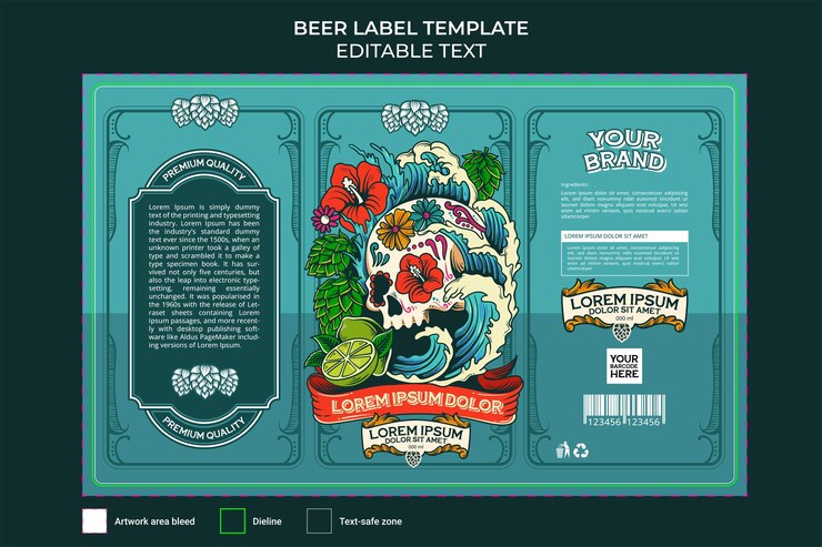 Vecteur illustration de modèle d'étiquette de bière tropicale avec thème de crâne mexicain et tex modifiable de bière de houblon vert