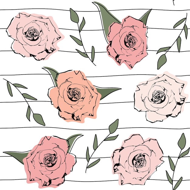 Illustration De Modèle Vectorielle Continue à La Mode Romantique Mignon Avec Des Roses Colorées Sur Fond Rayé