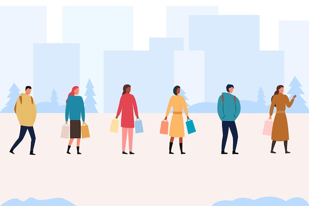 Illustration Moderne De Personnes En Vêtements D'hiver Avec Shopping Sur Le Fond Urbain Illustration Vectorielle