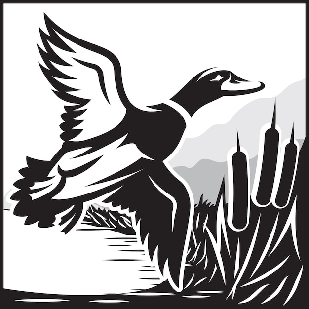 Illustration Monochrome Avec Canard Sauvage Volant Au-dessus De L'eau