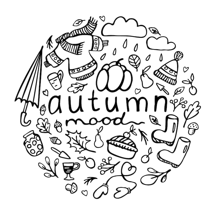 Vecteur illustration monochrome de doodle vectoriel d'automne avec lettrage dans un cercle humeur d'automne isolée