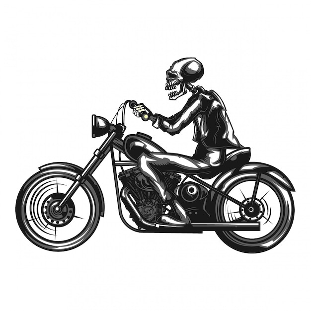 Illustration monochrome du motard squelette sur une moto isolée sur blanc.