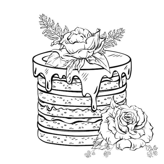 Vecteur une illustration monochrome d'un gâteau floral dans le style de l'art en ligne