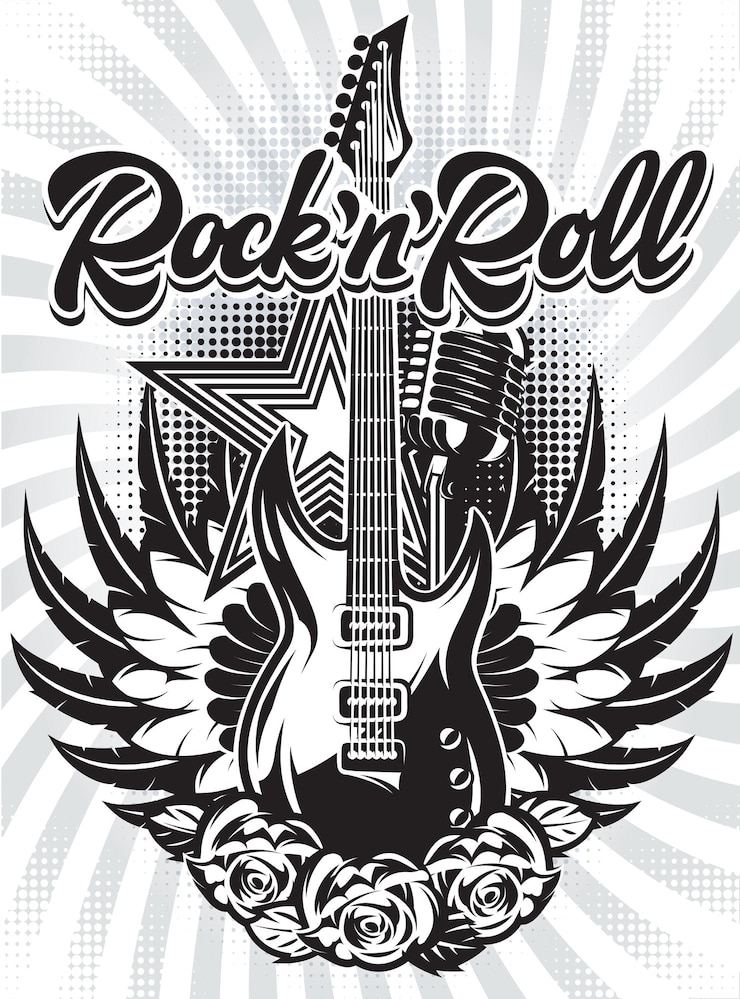 Vecteur illustration monochrome vectorielle avec ruban de guitare et texte