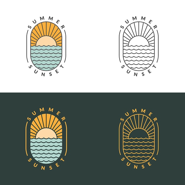 Vecteur illustration de monoline de plage au coucher du soleil ou vecteur de style d'art en ligne