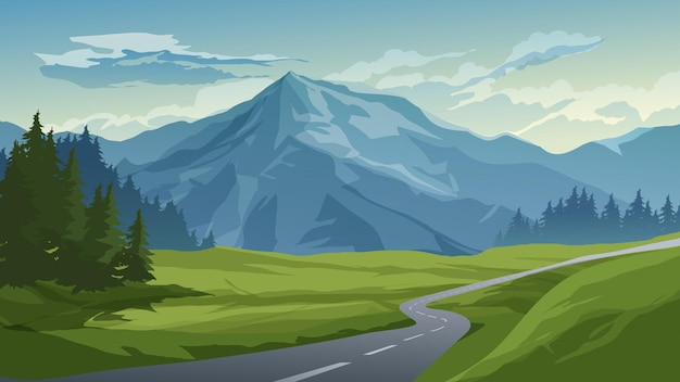 Vecteur illustration de la montagne avec une route vide et un pré