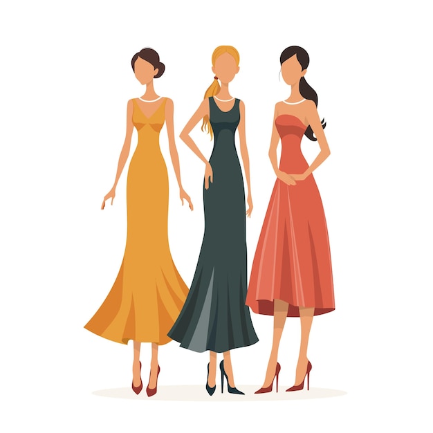 L'illustration montre trois filles démontrant différents styles de robes de soirée.