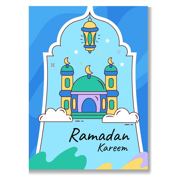 Vecteur illustration d'une mosquée avec une carte de vœux de ramadan et d'eid al fitr