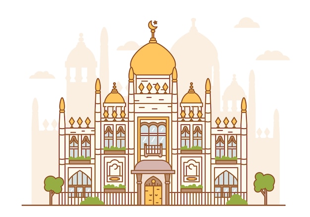 Vecteur illustration de la mosquée du sultan de singapour. architecture arabe, édifice religieux. dômes, minaret, tours, croissant avec une étoile. foi islamique.