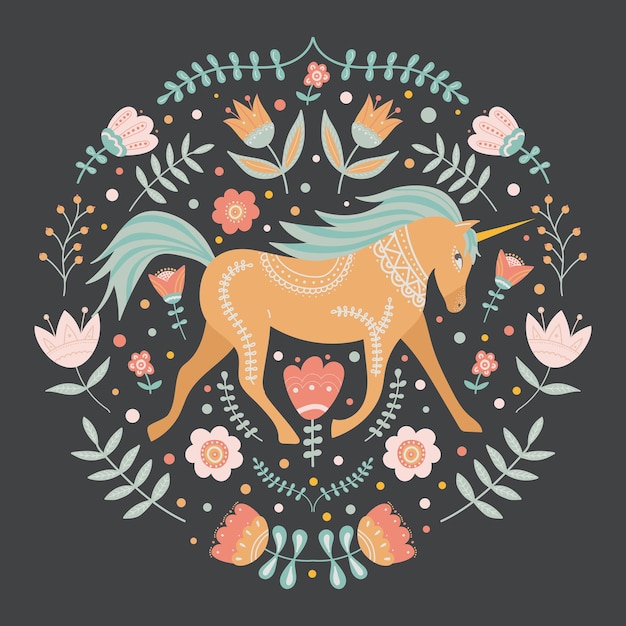 Vecteur illustration de motifs floraux et licorne dans un style d'art populaire