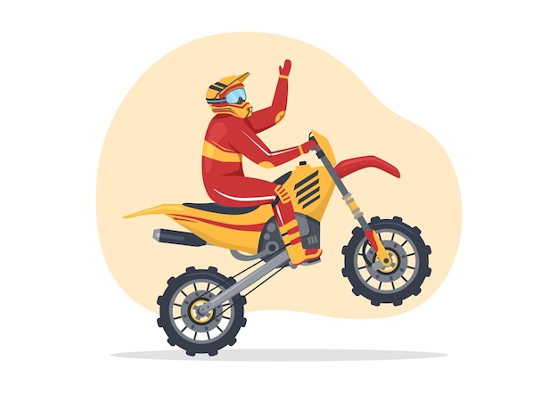 Illustration de motocross avec un cavalier faisant du vélo et aventure dans le dessin animé de sport extrême dessiné à la main