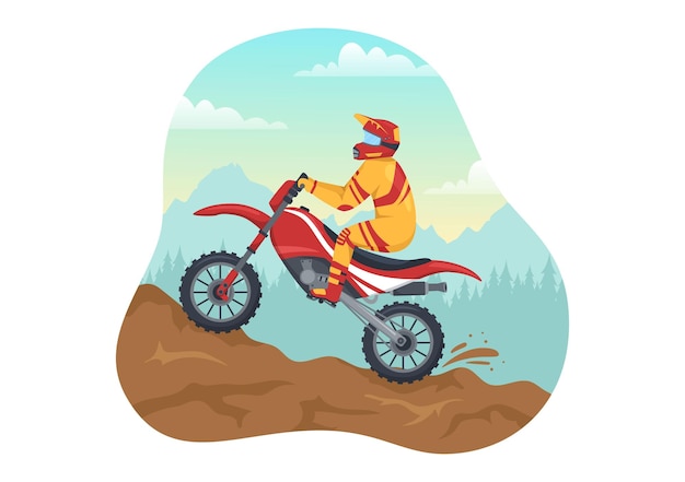 Vecteur illustration de motocross avec un cavalier faisant du vélo et aventure dans le dessin animé de sport extrême dessiné à la main