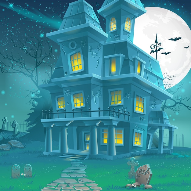 Vecteur illustration d'une mystérieuse maison hantée par une nuit de pleine lune