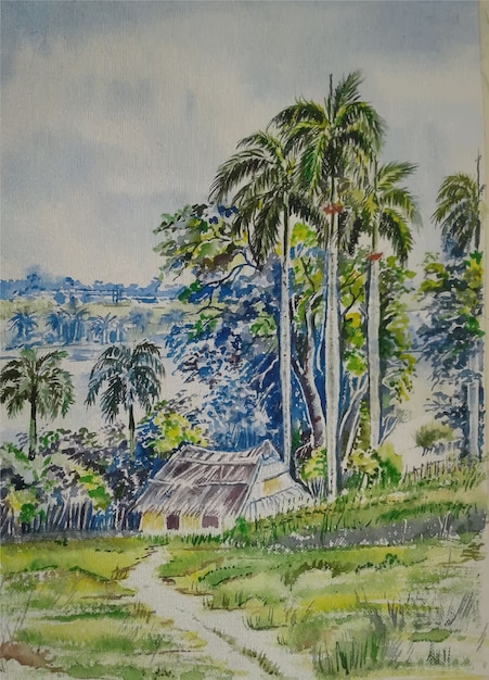 Illustration De La Nature Du Village Aquarelle Dessinés à La Main