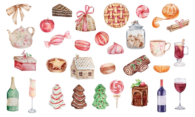 Illustration de Noël à l'aquarelle de bonbons et pâtisseries, biscuits au pain d'épice, bonbons, boissons et fruits isolés sur fond blanc.