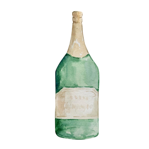 Illustration de Noël à l'aquarelle d'une bouteille de champagne isolée sur fond blanc.