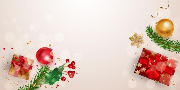 Illustration de Noël avec boîte-cadeau de branches de pin du Nouvel An flocon de neige doré morceaux de boules de couleur serpentine feuilles de houx et baies rouges sur fond blanc