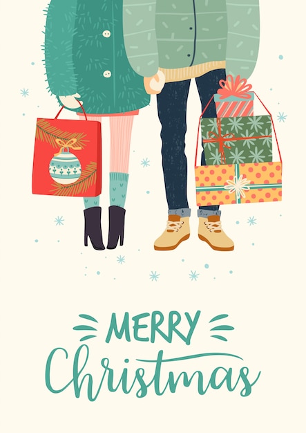 Illustration De Noël Et Bonne Année Avec Un Couple Romantique Avec Des Cadeaux