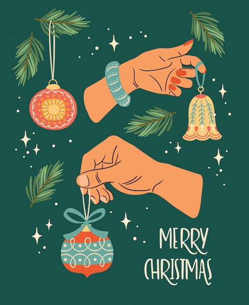 Illustration De Noël Et Bonne Année Avec Des Mains Mâles Et Femelles. Style Rétro Branché.