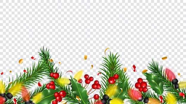 Vecteur illustration de noël avec des branches de pin du nouvel an colorées des morceaux de guirlande de feuilles de houx serpentine et de baies rouges isolés sur fond transparent situé en bas