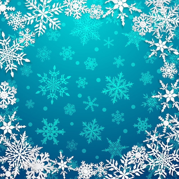 Illustration de Noël avec cadre circulaire de gros flocons de neige blancs avec des ombres sur fond bleu clair