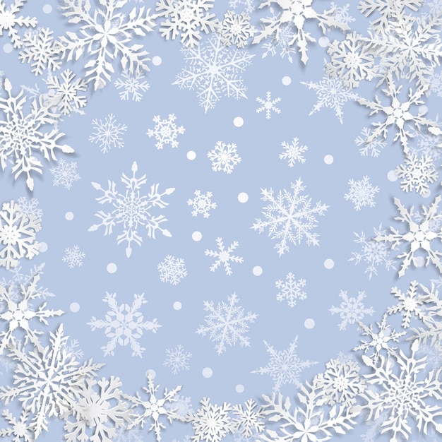 Illustration de Noël avec cadre circulaire de gros flocons de neige blancs avec des ombres sur fond bleu clair