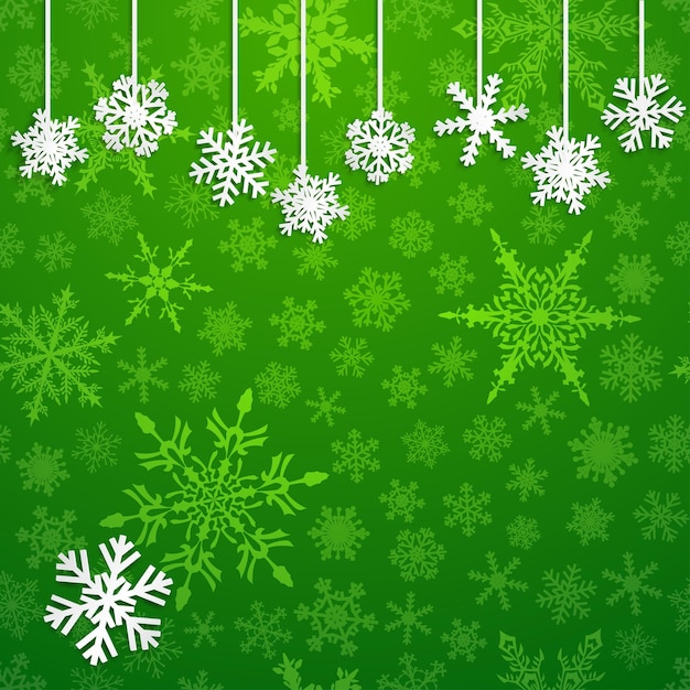 Vecteur illustration de noël avec des flocons de neige suspendus blancs sur fond vert