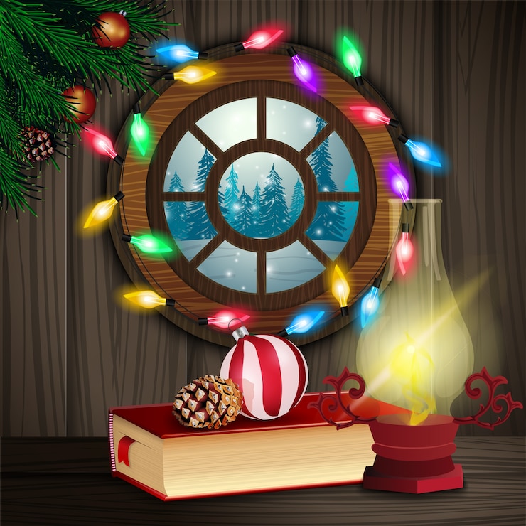 Vecteur illustration de noël forêt d'hiver à la fenêtre de la maison