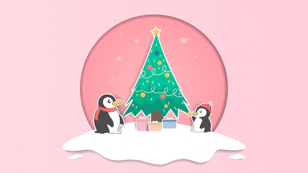 Illustration De Noël Pastel Mignon Pingouin Et Arbre De Noël