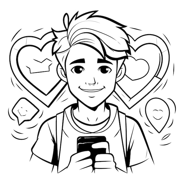 Vecteur illustration en noir et blanc d'un adolescent utilisant un smartphone ou un téléphone portable pour le livre de coloriage de la saint-valentin