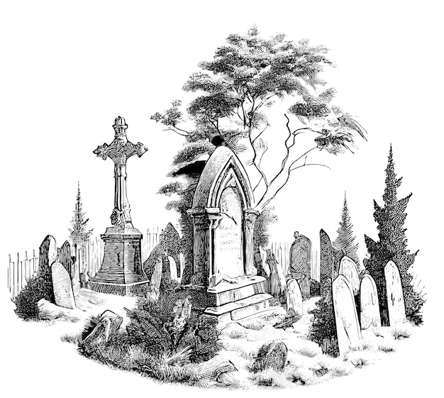 Une Illustration En Noir Et Blanc D'un Cimetière Avec Une Croix Dessus.