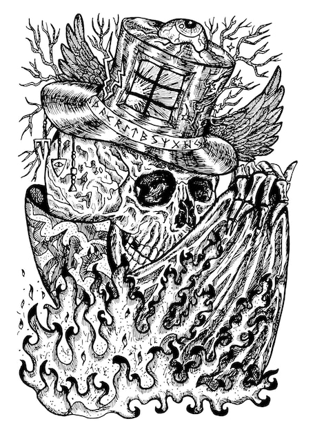 Illustration en noir et blanc avec un crâne portant un magicien illusionniste ou un chapeau de sorcier avec une flamme