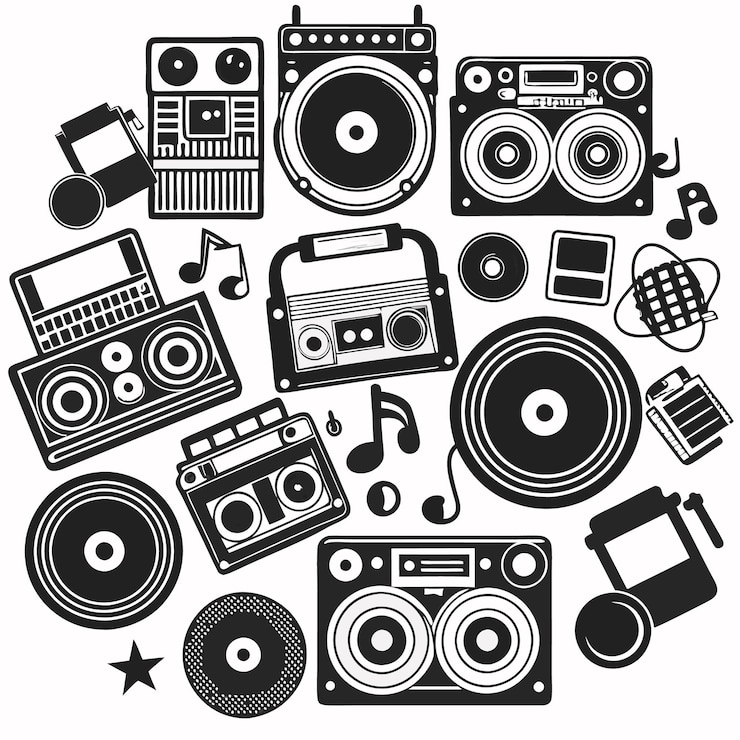 Vecteur illustration en noir et blanc d'un équipement de musique vintage