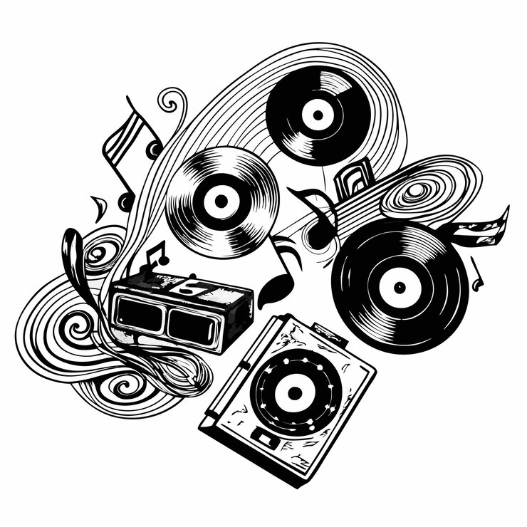 Vecteur illustration en noir et blanc d'équipements de musique vintage, y compris des lecteurs de disques et une radio avec des notes musicales