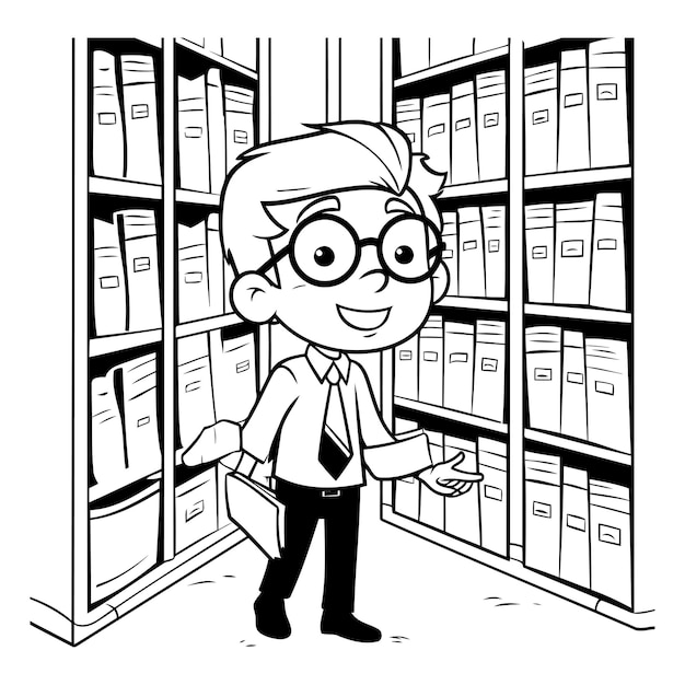 Vecteur illustration en noir et blanc d'un étudiant dans la bibliothèque