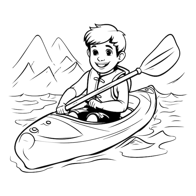 Vecteur illustration en noir et blanc d'un garçon en kayak dans les montagnes