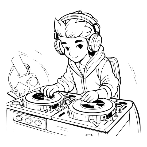 Illustration En Noir Et Blanc D'un Jeune Dj Jouant Sur Un Tourne-disque