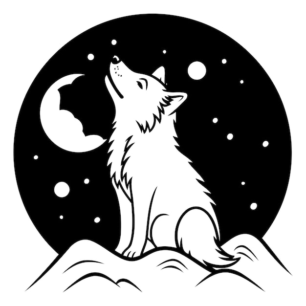 Vecteur illustration en noir et blanc d'un loup hurlant à la lune