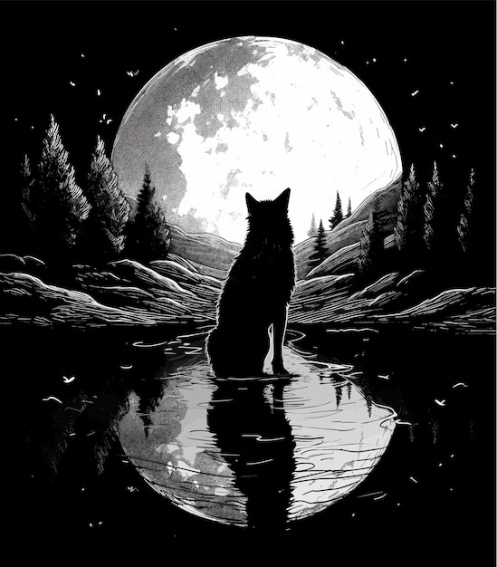 illustration en noir et blanc d'un loup regardant la lune