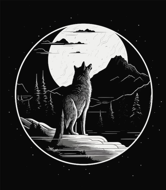 illustration en noir et blanc d'un loup regardant la lune