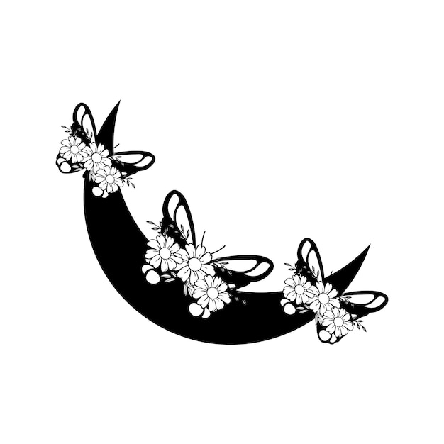 Une illustration en noir et blanc d'une lune avec des papillons et des fleurs.