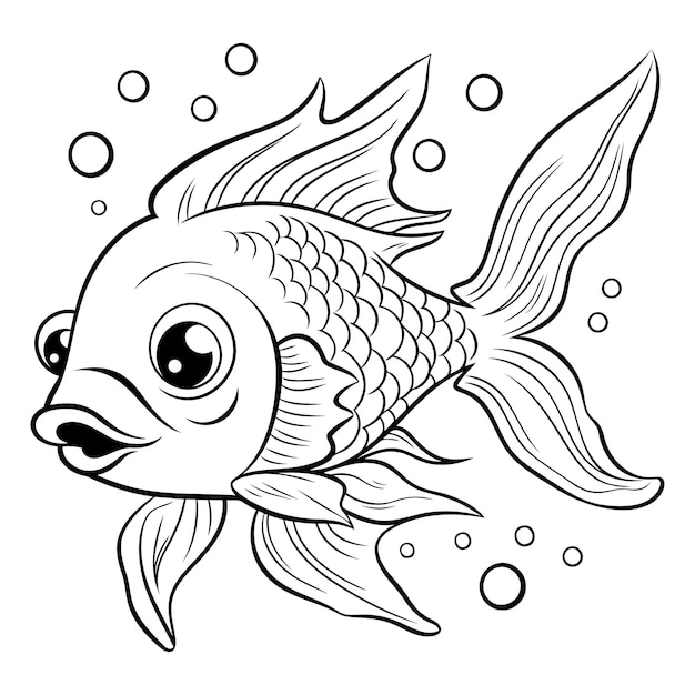 Vecteur illustration en noir et blanc d'un mignon personnage d'animal poisson pour livre à colorier