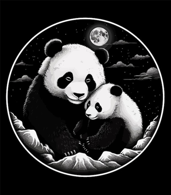 illustration en noir et blanc d'un panda et d'un bébé panda la nuit