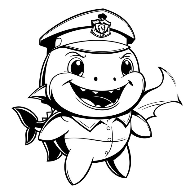 Vecteur illustration en noir et blanc d'un personnage de mascotte de poisson pirate