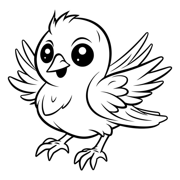 Vecteur illustration en noir et blanc d'un personnage d'oiseau mignon pour livre à colorier