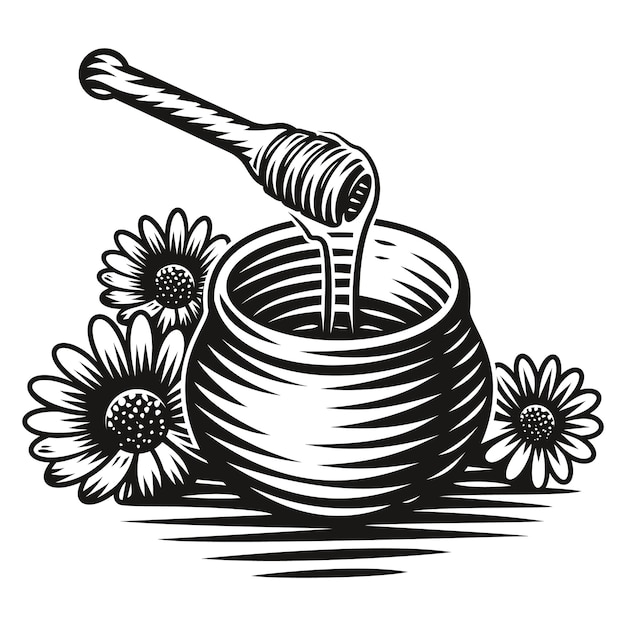 Une illustration en noir et blanc d'un pot de miel dans le style de gravure sur fond blanc