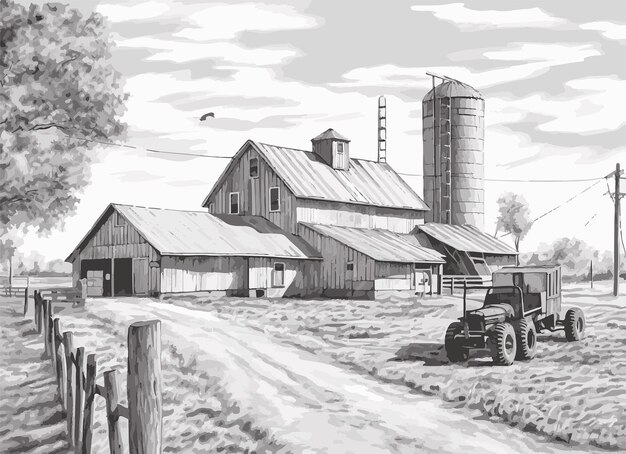 Vecteur illustration en noir et blanc pour le fichier eps de la ferme