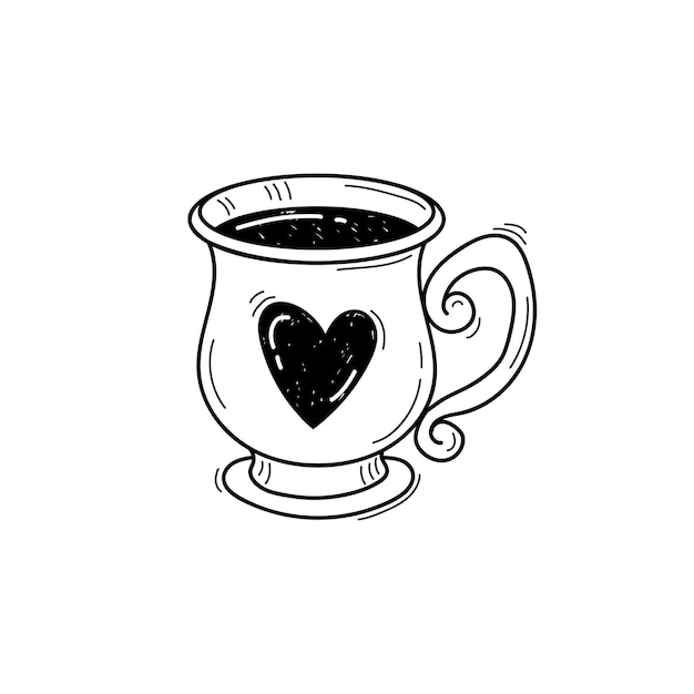 Vecteur illustration en noir et blanc d'une tasse exquise de thé ou de café avec coeur en style doodle isolé sur fond blanc